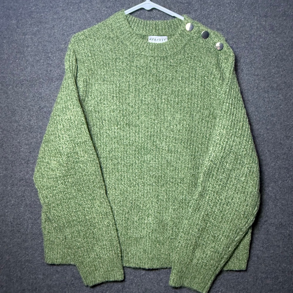 Ava & Viv Womens 2x Green Marled Knit Button Shoulder Crewneck Sweater NWT